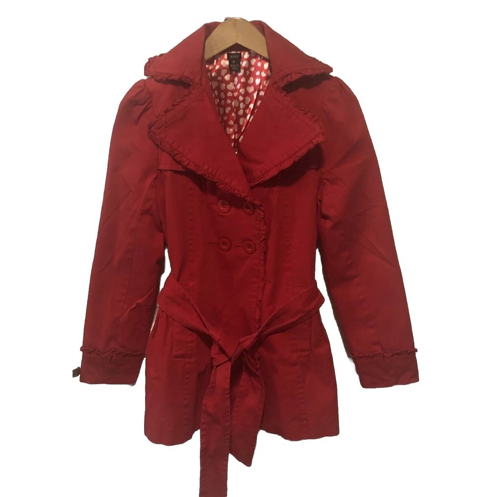 Aziz Womens Red Double-Breasted Belted Jacket Ruffle Heart Lining Valentines New
